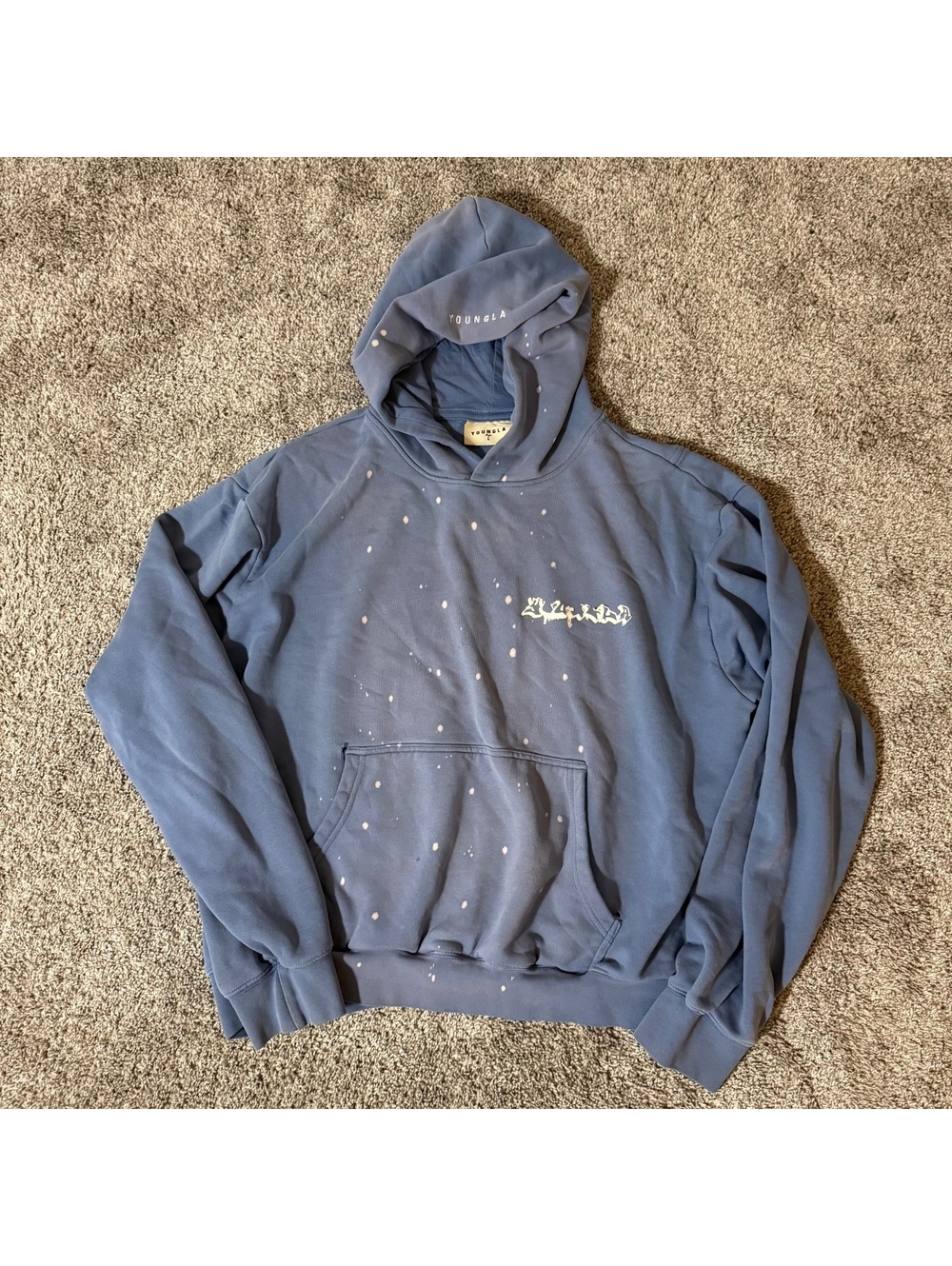 YoungLA Blue Pullover Hoodie with Bleach Splatter Design Size L